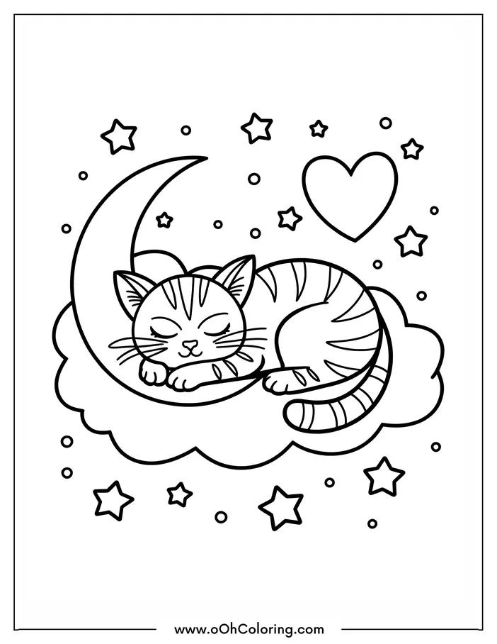 Coloring page of a cat sleeping on a crescent moon with stars and a heart.