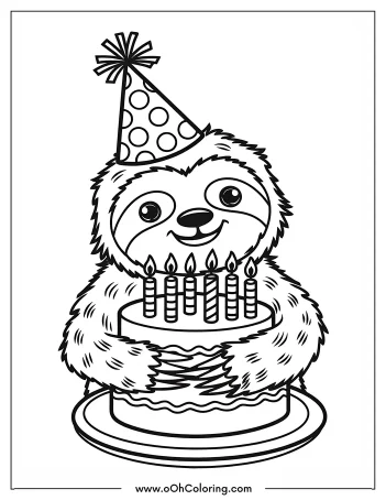 Cute sloth with a party hat and a birthday cake with candles.