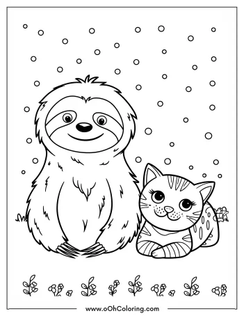 Coloring page of a smiling sloth with a cat surrounded by flowers and dots.