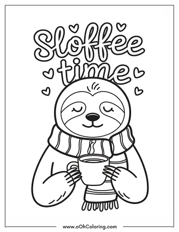 Sloth with a coffee cup and 'Sloffee time' text surrounded by hearts.