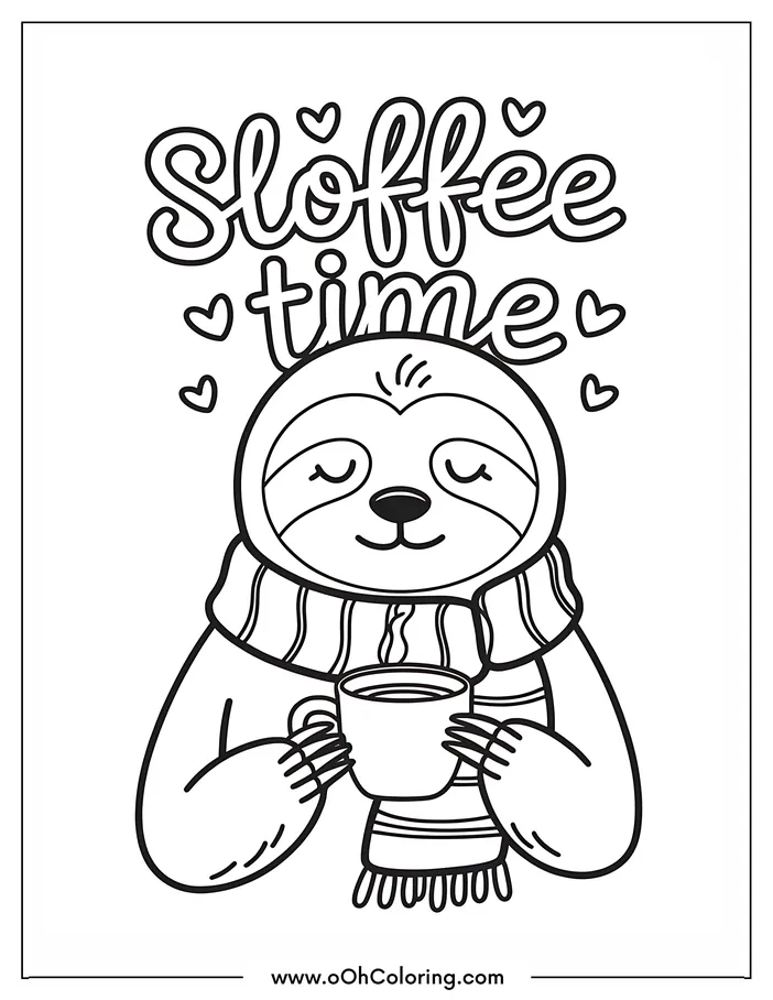 Sloth with a coffee cup and 'Sloffee time' text surrounded by hearts.