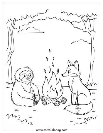Sloth and fox sitting around a campfire in a forest coloring page.