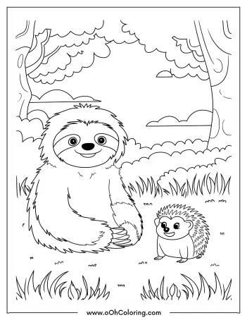 Sloth and hedgehog sitting in nature with trees and clouds.
