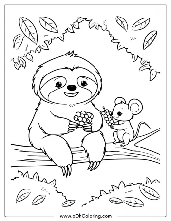 Illustration of a sloth and a mouse on a branch with leaves around.