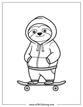 Coloring page of a sloth in a hoodie on a skateboard.