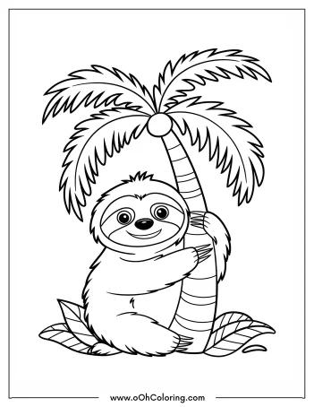Coloring page with a sloth hugging a palm tree.
