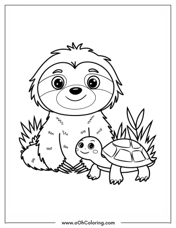 Coloring page of a smiling sloth sitting with a turtle among grass.