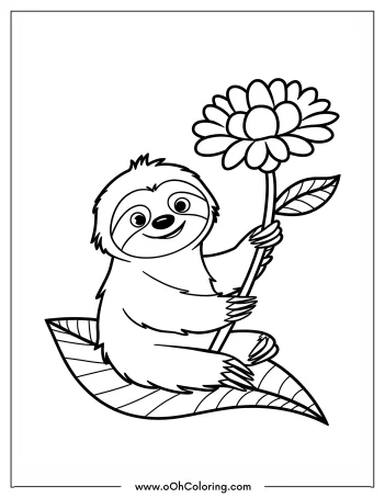 A cute sloth holding a large flower on a leaf, ready for coloring.