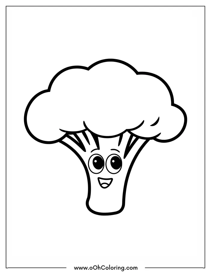 Cartoon broccoli with a smile and big eyes coloring page.