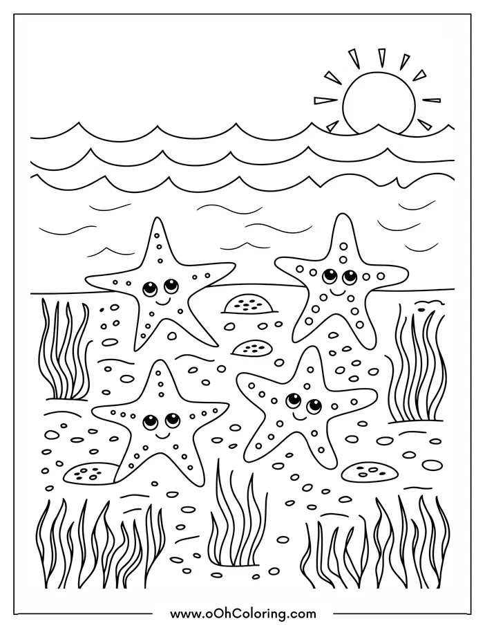 Coloring page with three smiling starfish, waves, seaweed, and a sun.