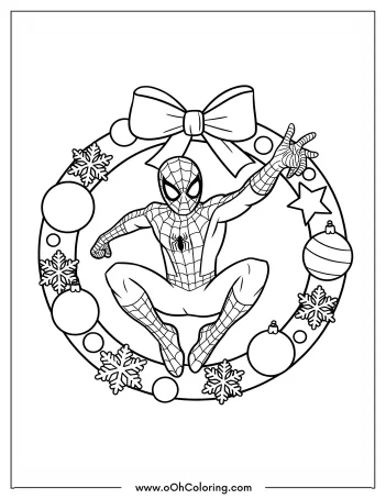 A spider-themed character posing in front of a decorated holiday wreath.