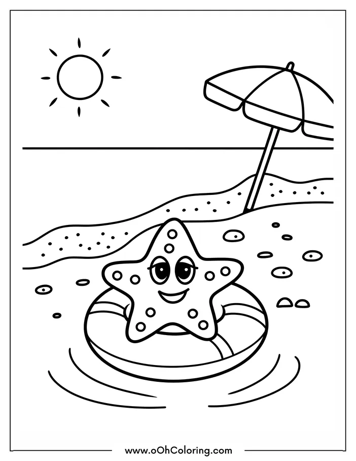Smiling starfish on a float with a beach umbrella and sun in the background