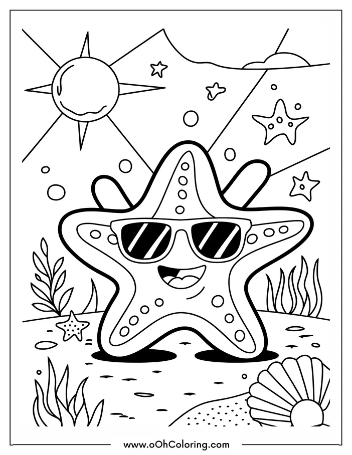 Smiling starfish wearing sunglasses on a beach with seashells and ocean waves.