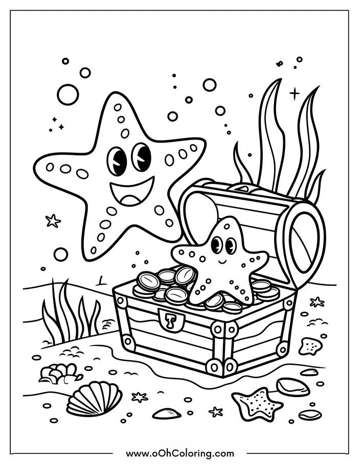 Starfish near a treasure chest with coins, underwater scene with seaweed and bubbles.