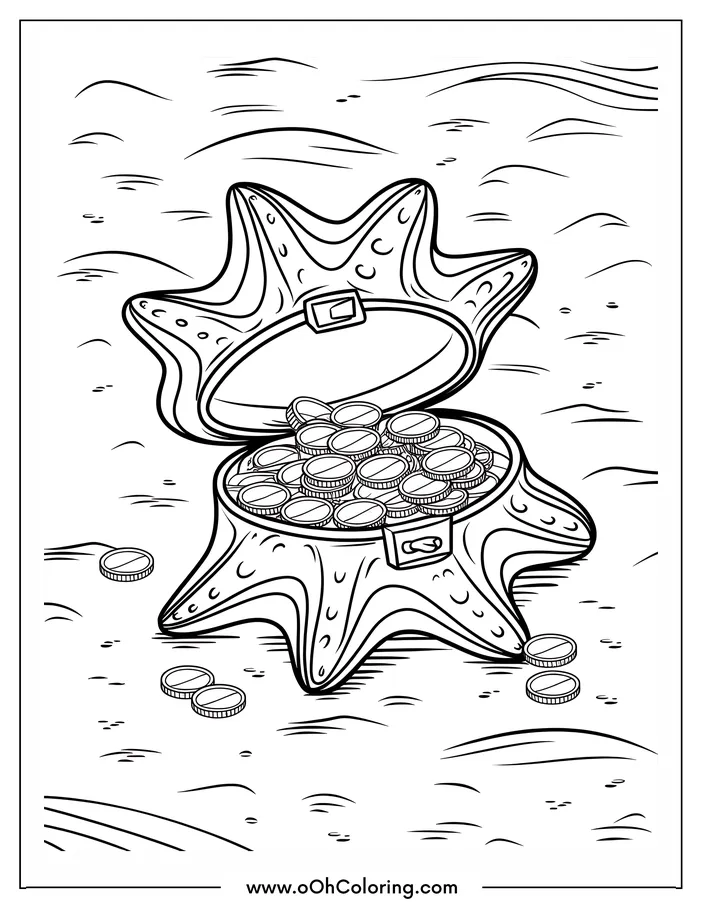 Starfish-shaped treasure chest with coins, coloring page