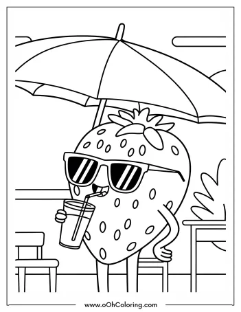 Cartoon strawberry with sunglasses under an umbrella, holding a drink.