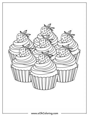 Coloring page with several cupcakes topped with strawberries.