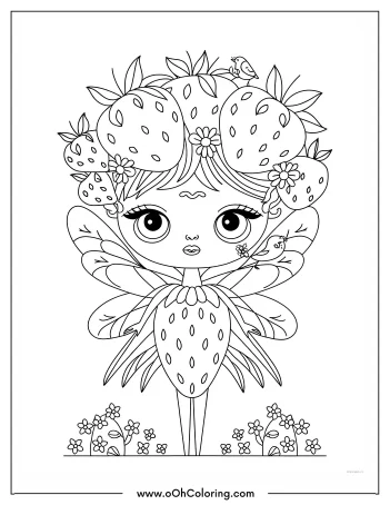 Coloring page of a fairy with strawberry-themed design and floral accents.