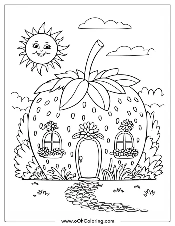 Coloring page with a strawberry-shaped house and a smiling sun