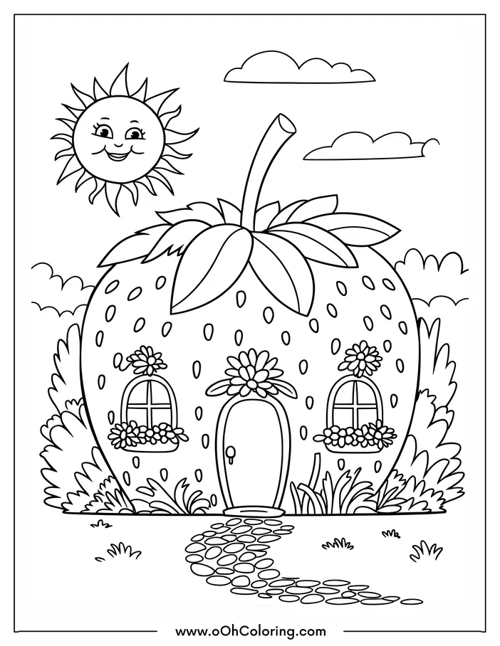 Coloring page with a strawberry-shaped house and a smiling sun