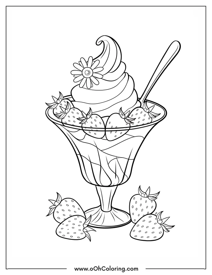 A coloring page of a strawberry ice cream sundae with a swirl of cream and strawberries.