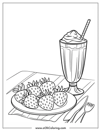 Coloring page of a milkshake with whipped cream and a straw next to a plate of strawberries.