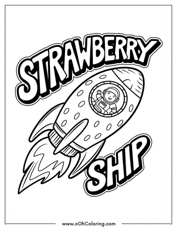 Whimsical strawberry-shaped spaceship with astronaut in coloring page.