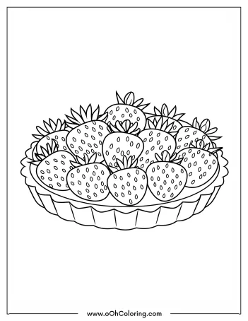 Coloring page of a strawberry tart with numerous strawberries.