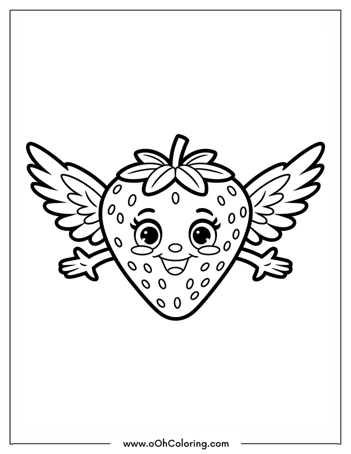 Coloring page of a strawberry with wings and arms.
