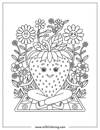 Coloring page of a strawberry character doing yoga with smiling flowers in the background.