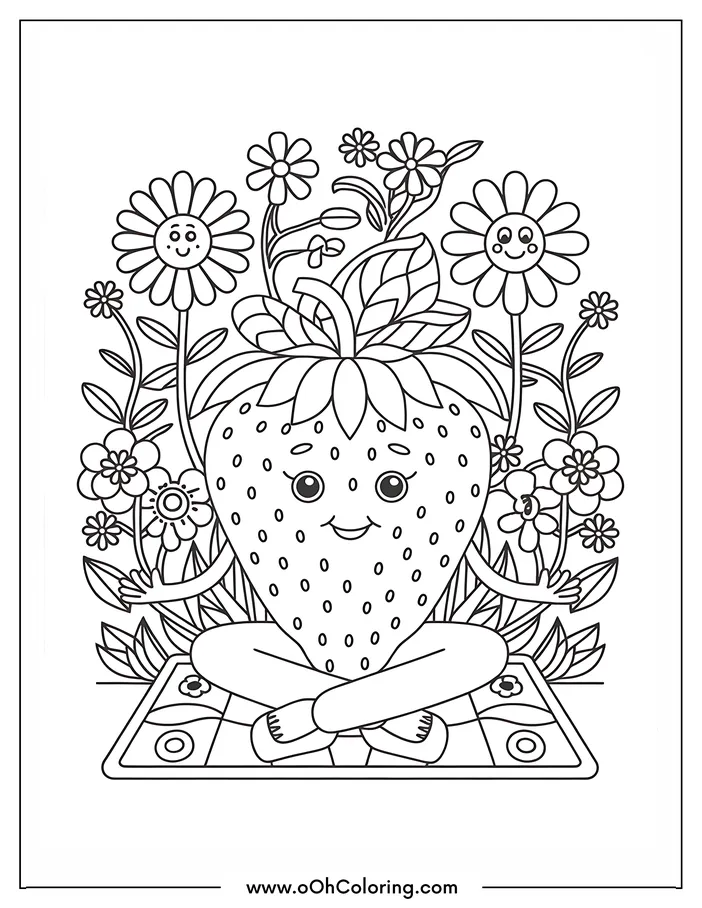 Coloring page of a strawberry character doing yoga with smiling flowers in the background.
