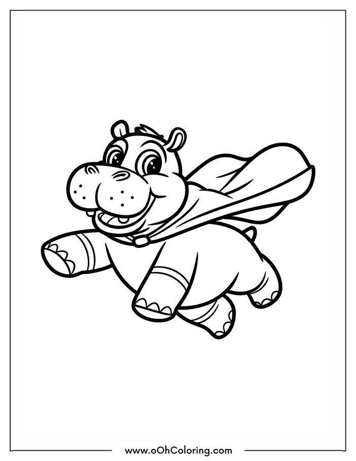 Superhero hippo flying with a cape coloring page