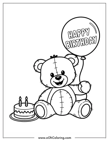 Teddy bear holding a birthday balloon next to a cake.