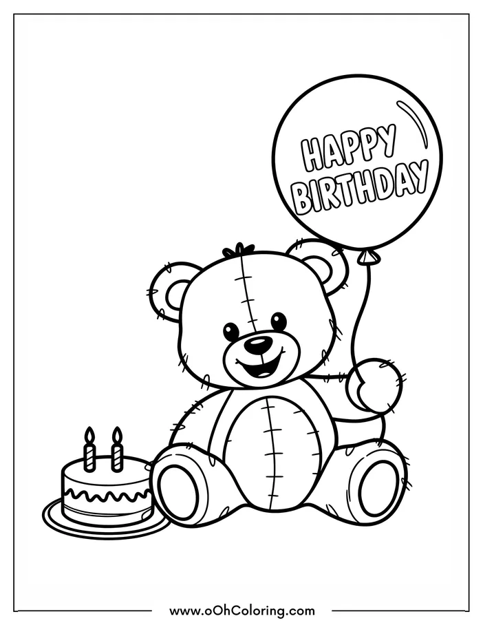 Teddy bear holding a birthday balloon next to a cake.