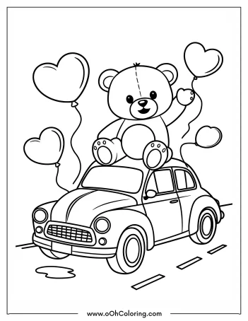 Teddy bear sitting on a car with heart-shaped balloons coloring page.