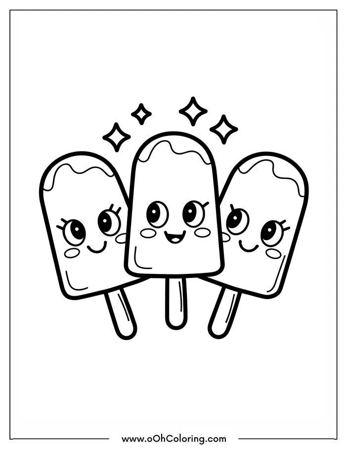 Three smiling popsicles with stars coloring page