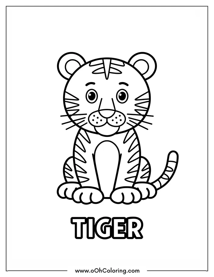 A cute and simple tiger coloring page with the word 'TIGER' underneath.