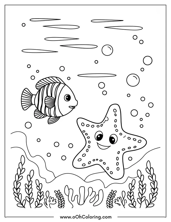 Coloring page of a fish and starfish with bubbles and sea plants.