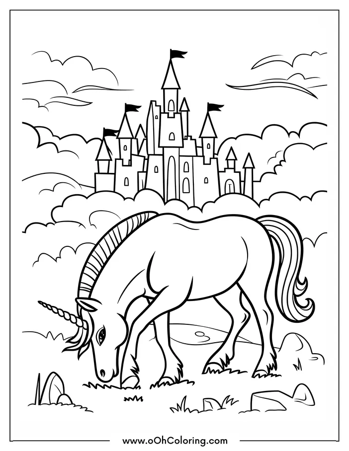 Unicorn grazing in front of a fairytale castle with clouds.