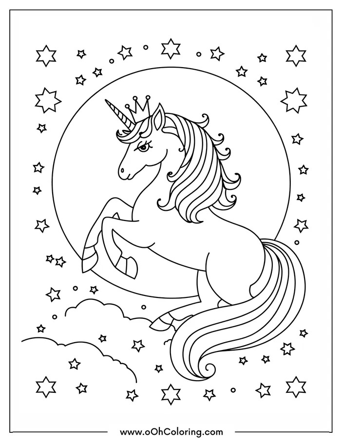 Unicorn with a crown surrounded by stars and clouds for coloring.
