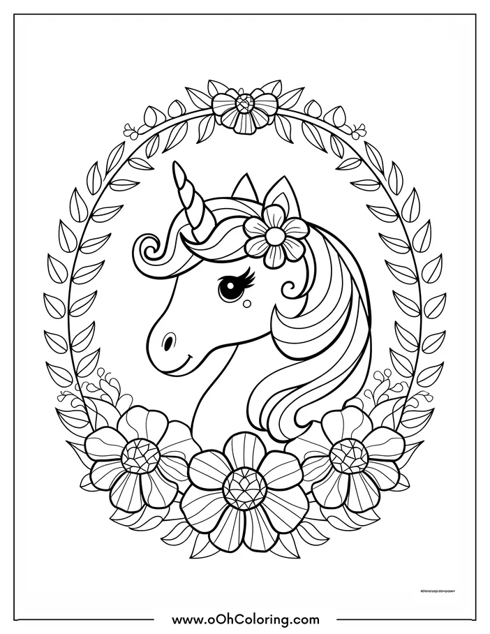 A coloring page of a unicorn with a floral frame.