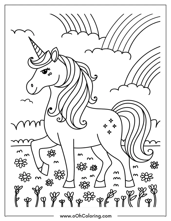 Unicorn coloring page with flowers and rainbows.