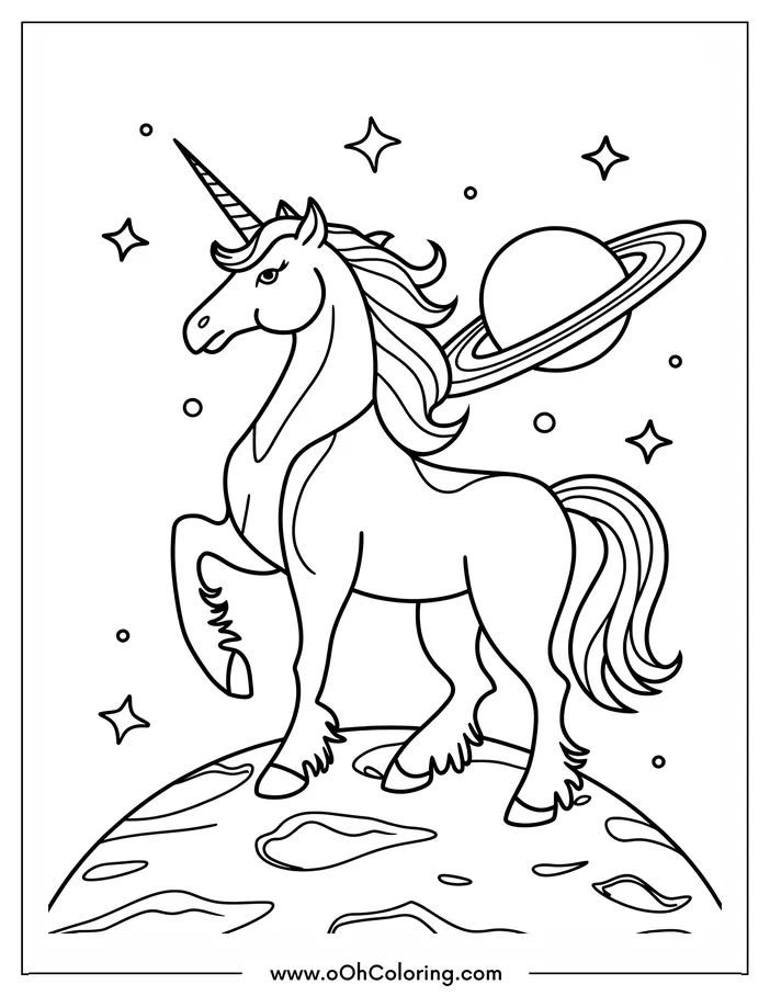 Unicorn standing on a moon surface with stars and a ringed planet in the background.