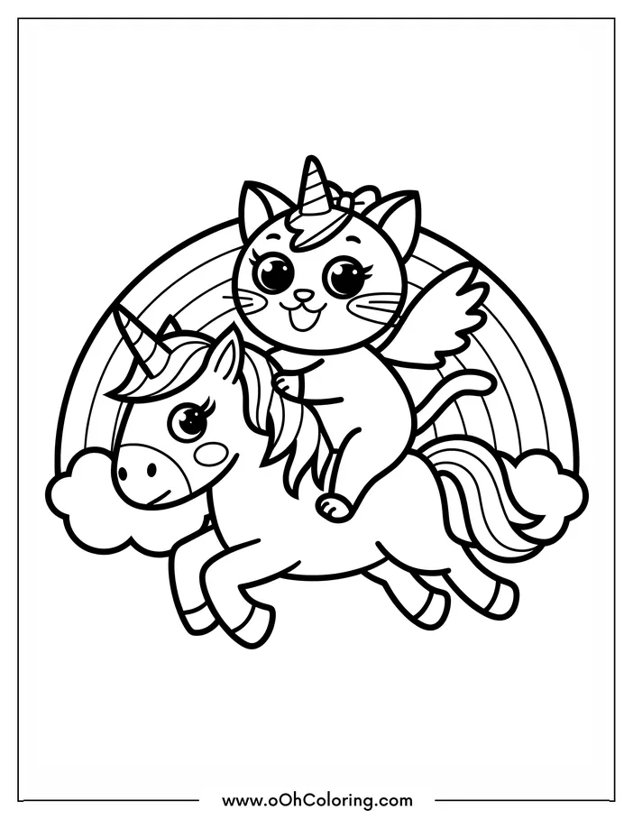 Cat with unicorn horn riding a unicorn under a rainbow