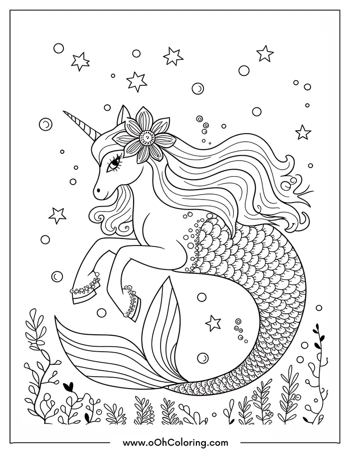 A unicorn with a mermaid tail, decorated with stars and sea plants.