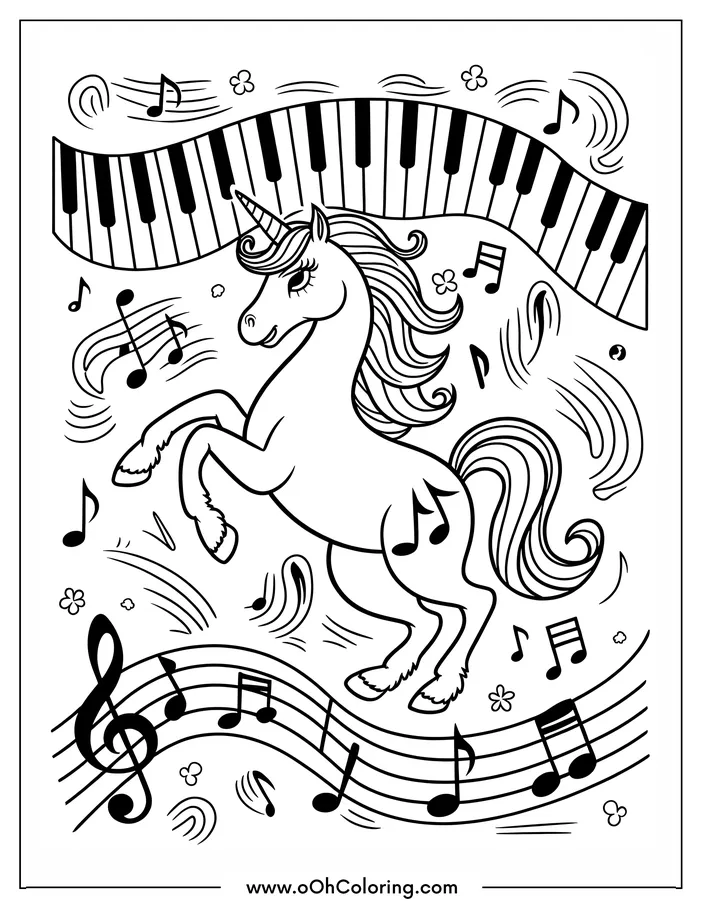 Coloring page of a unicorn with music notes and piano keys.