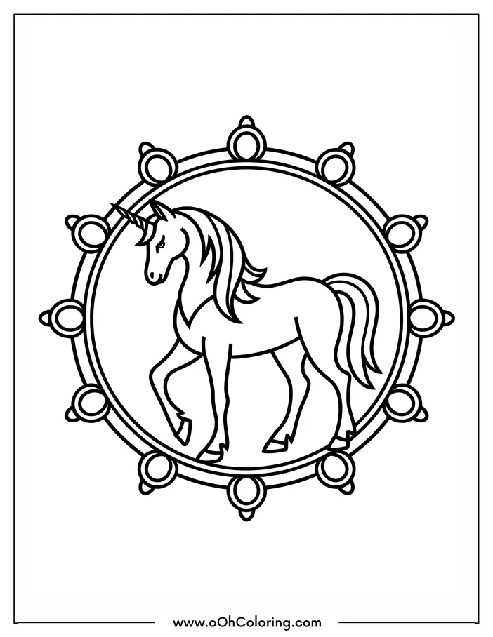 Unicorn in an ornate circular frame coloring page