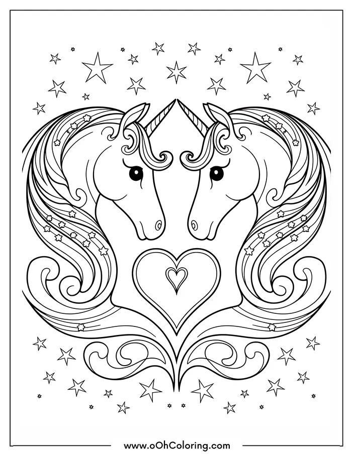 Coloring page with two unicorns, a heart, stars, and swirls.
