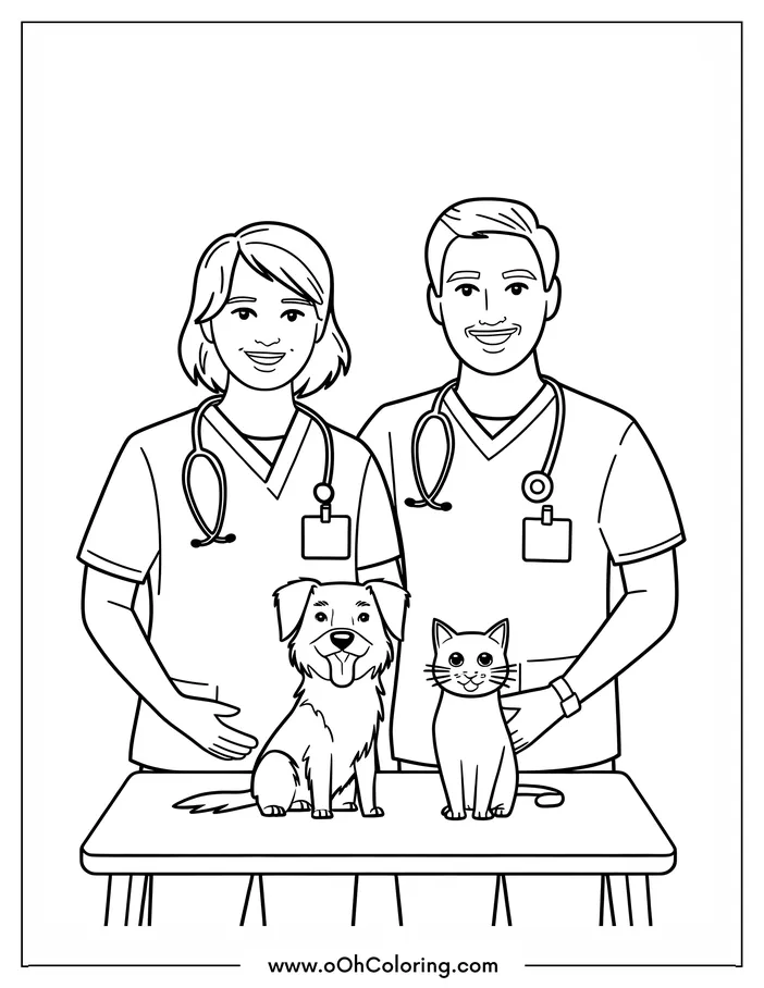 Two veterinarians standing behind a table with a cat and a dog, each with stethoscopes.