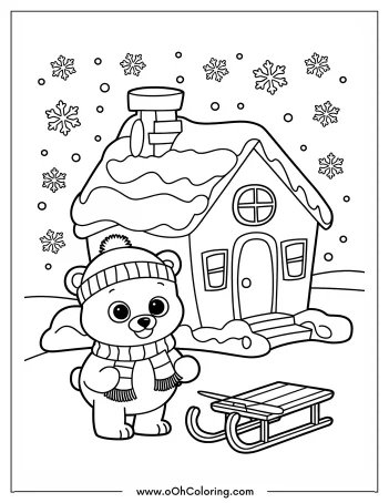 Bear with a hat and scarf standing by a sled in front of a snowy house with falling snowflakes.